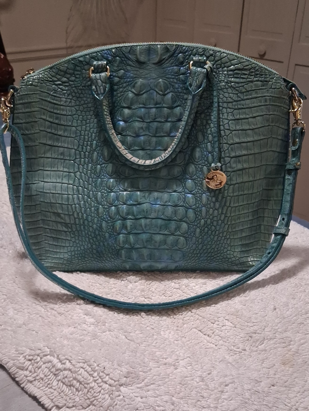 Brahmin Teal Croc-Embossed Dome Satchel